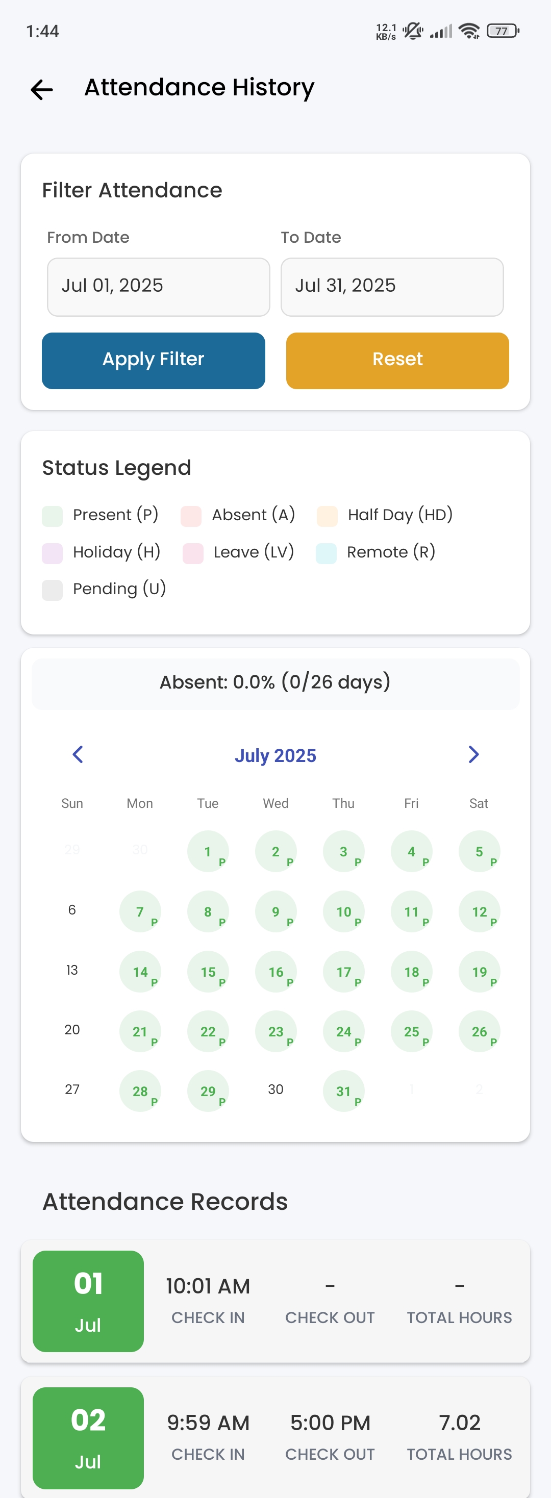 Attendance History Interface